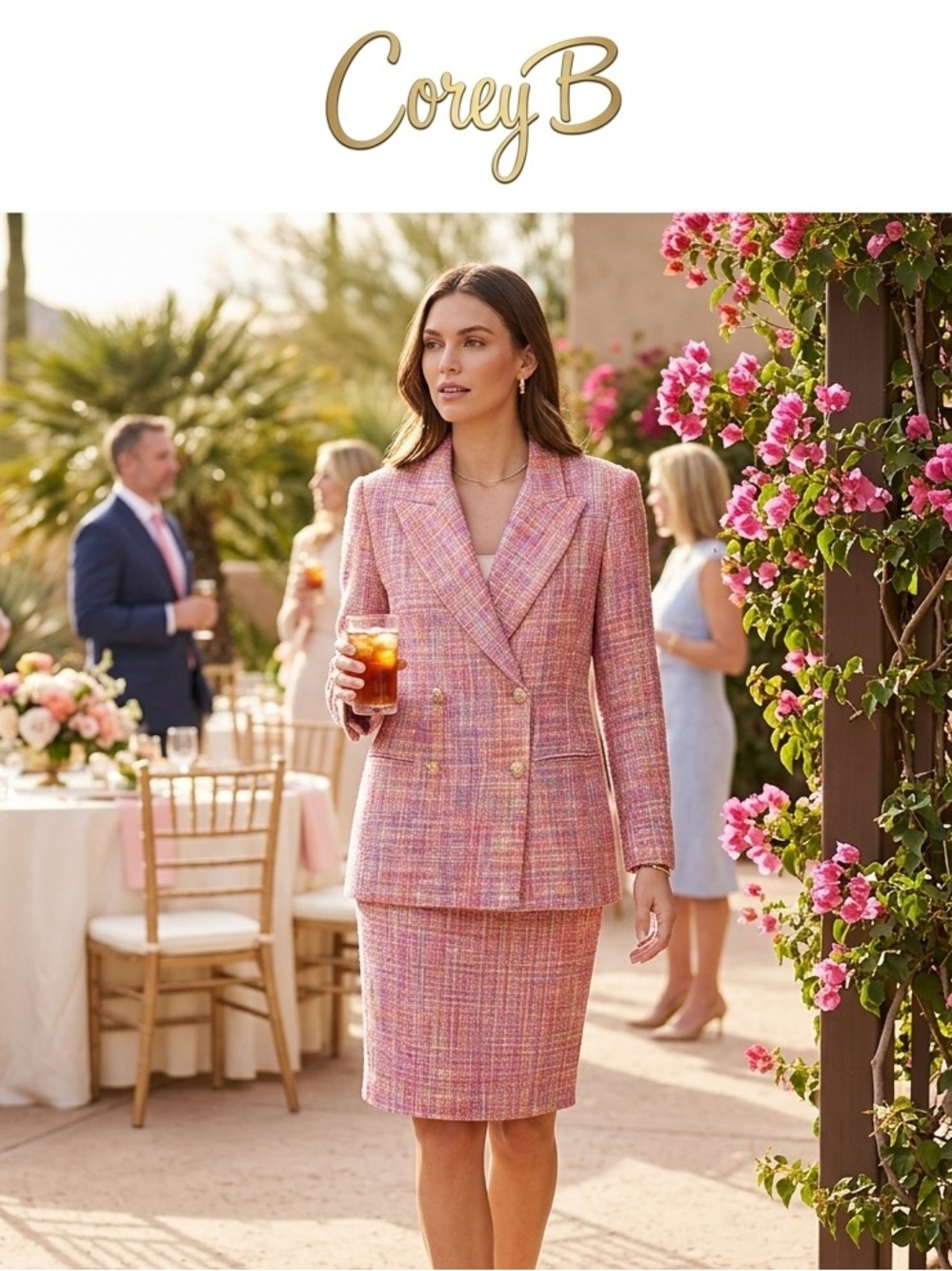 Vintage Corey B Confetti Pink Tweed Skirt Suit Gold Lion Double Breasted Buttons